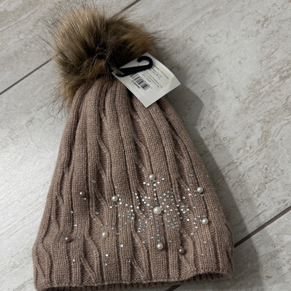 Craft Tan Knit Beanie with Faux Fur Pom Pom..pearls and sparkles ..heavy knit